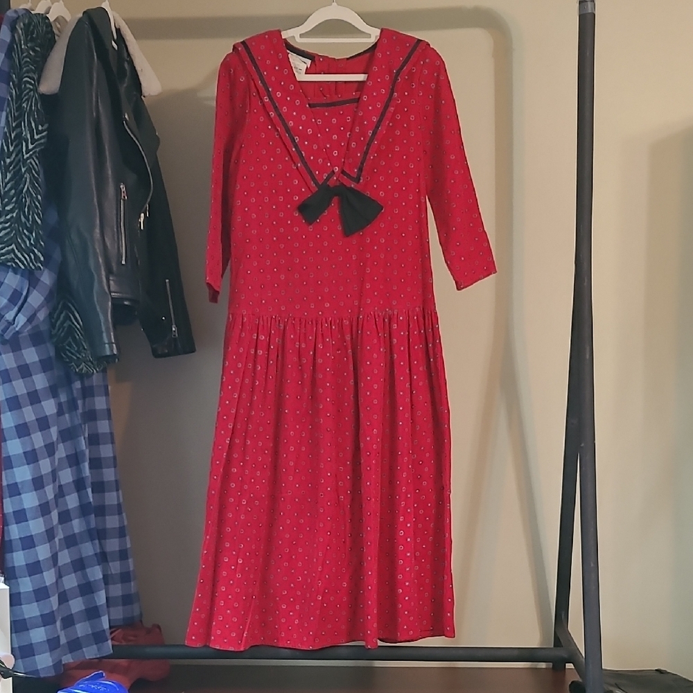 Red Vintage Corduroy Dress with Black Bow & Black Trimmed Sailors Collar